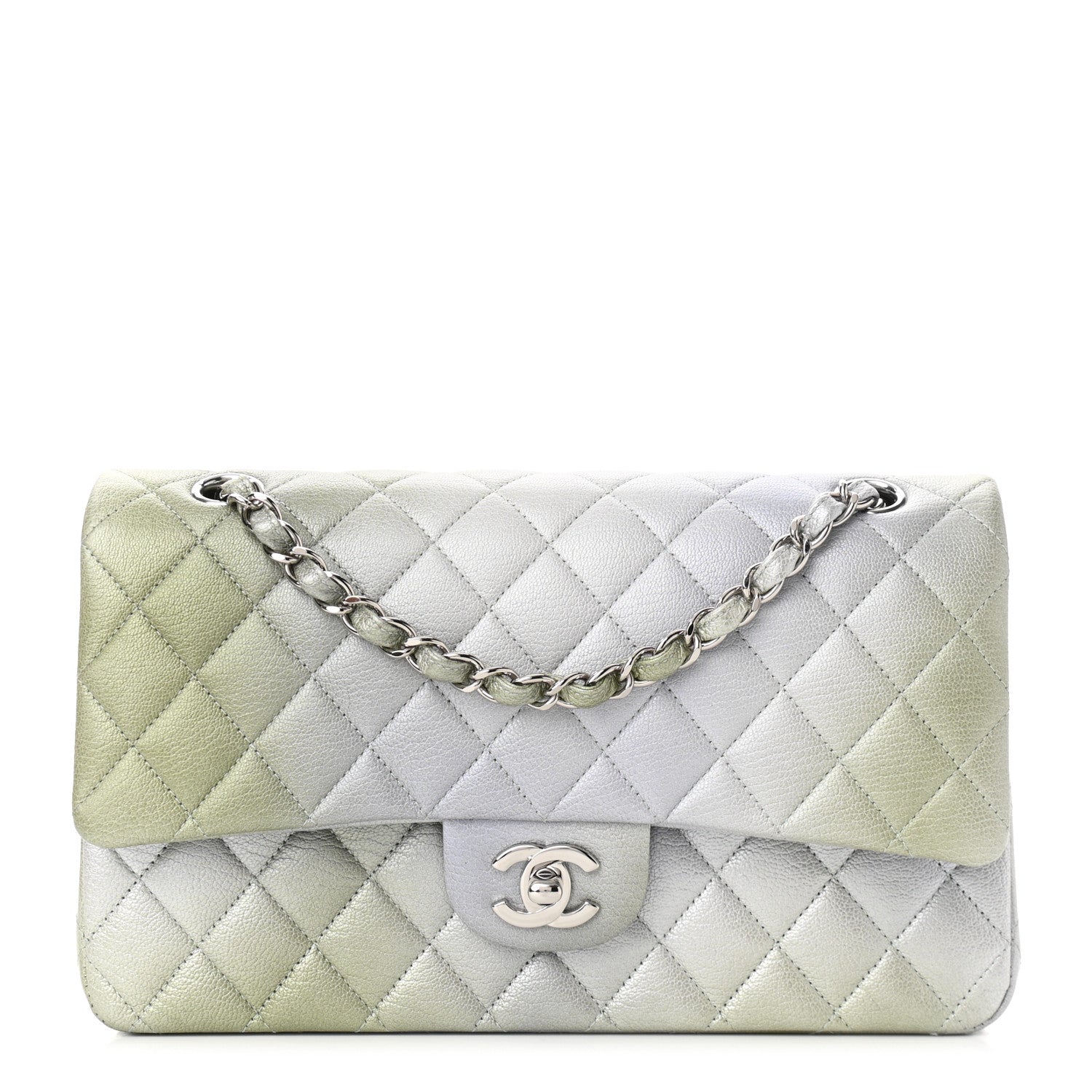 Chanel Metallic Goatskin Quilted Ombre Medium Double Flap Grey Green 1 of 11