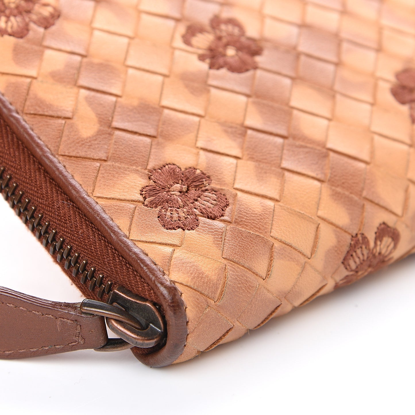 Nappa Intrecciato Floral Embroidered Zip Around Wallet Brown