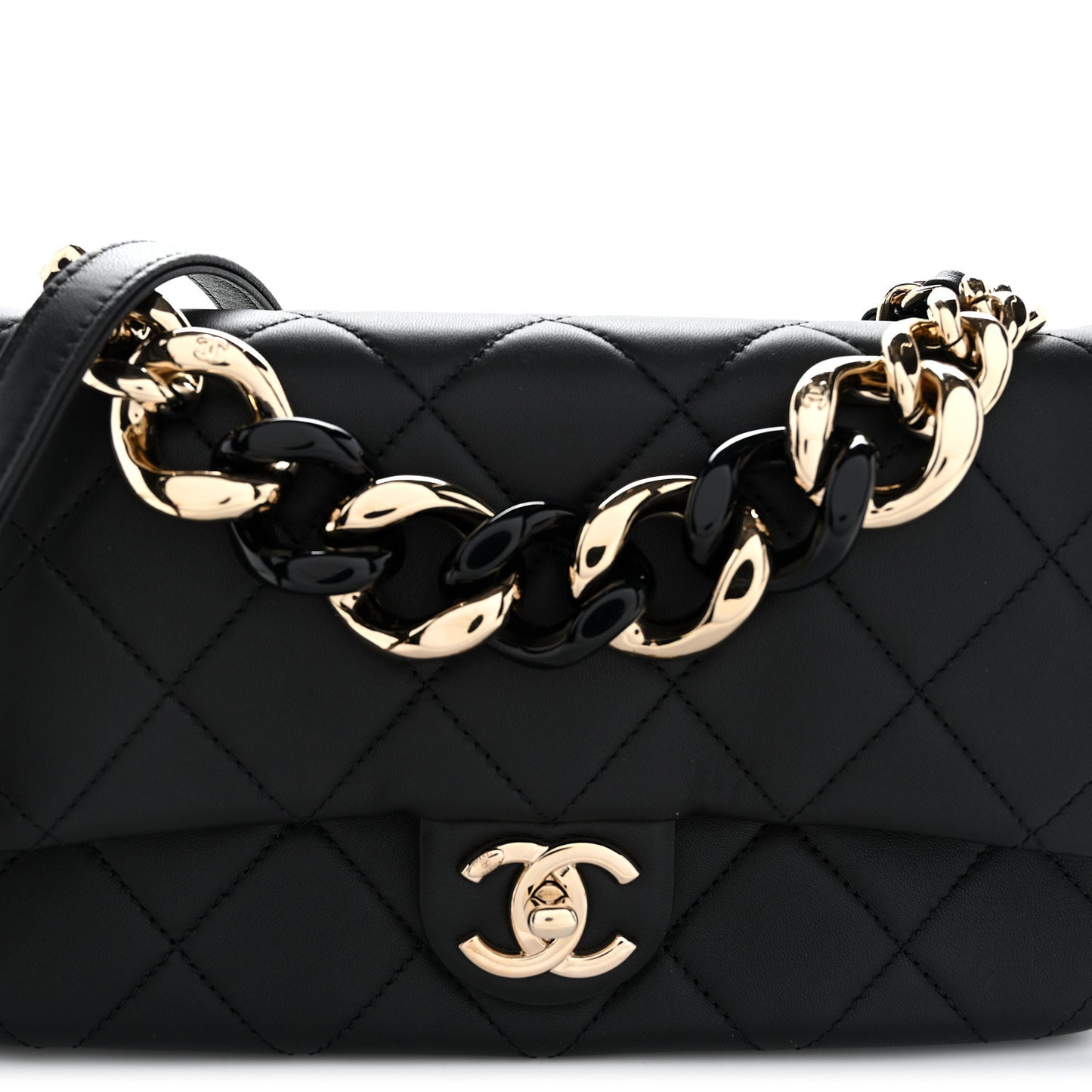 Lambskin Quilted Resin Bi-Color Chain Flap Bag Black