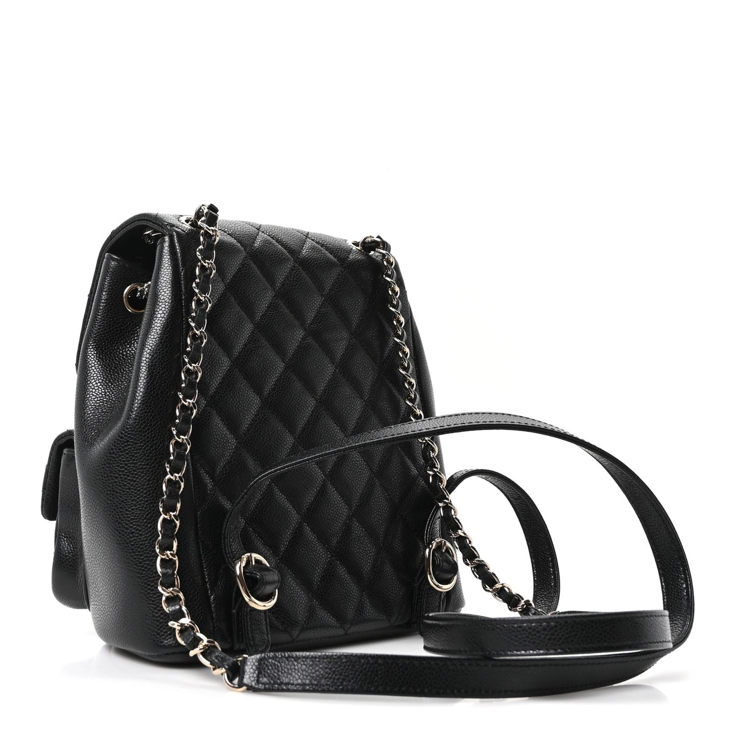 Shiny Caviar Quilted Medium Duma Pockets Drawstring Backpack Black