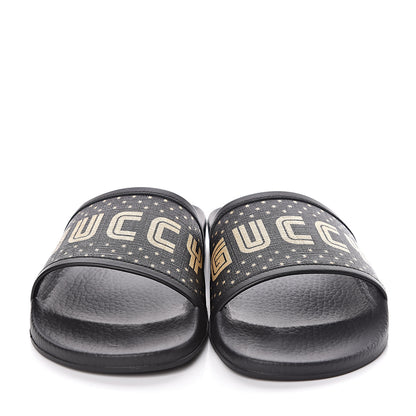 Gucci X SEGA Supreme Canvas GUCCY Stars Womens Slide Sandals 39 Black Gold 2 of 7