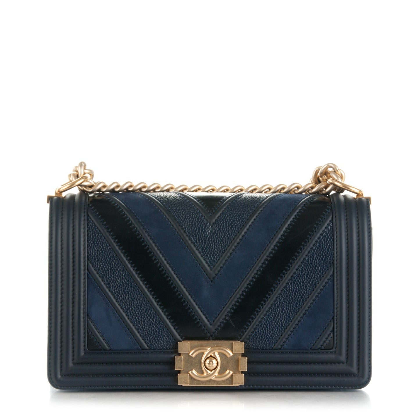 Caviar Suede Calfskin Chevron Medium Boy Flap Navy