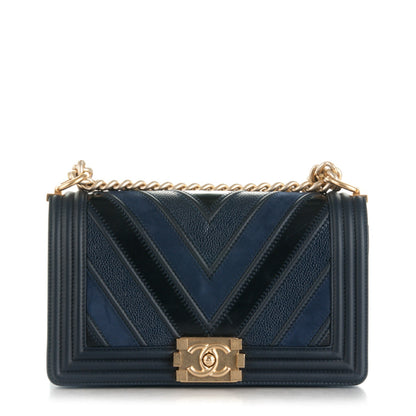 Chanel Caviar Suede Calfskin Chevron Medium Boy Flap Navy 1 of 8