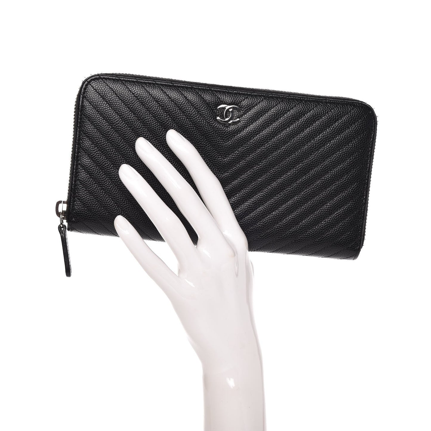 Caviar Chevron Quilted Large Gusset Zip Around Wallet Black