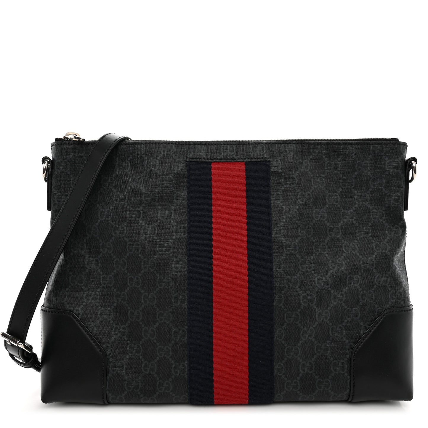 Soft GG Supreme Monogram Appia Calfskin Web East West Messenger Bag Black Grey