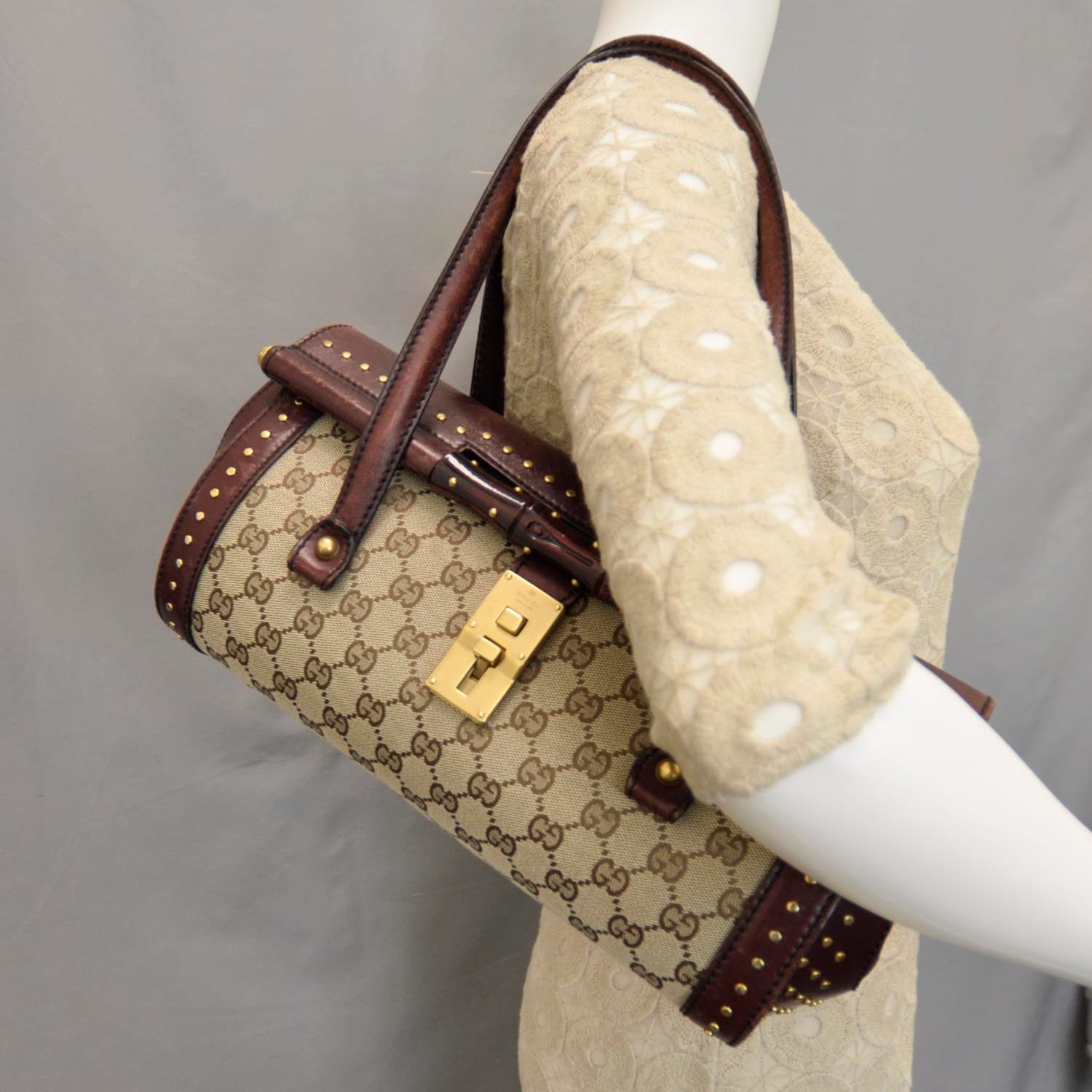 Gucci Monogram Studded Bamboo Bullet Satchel Brown 2 of 11