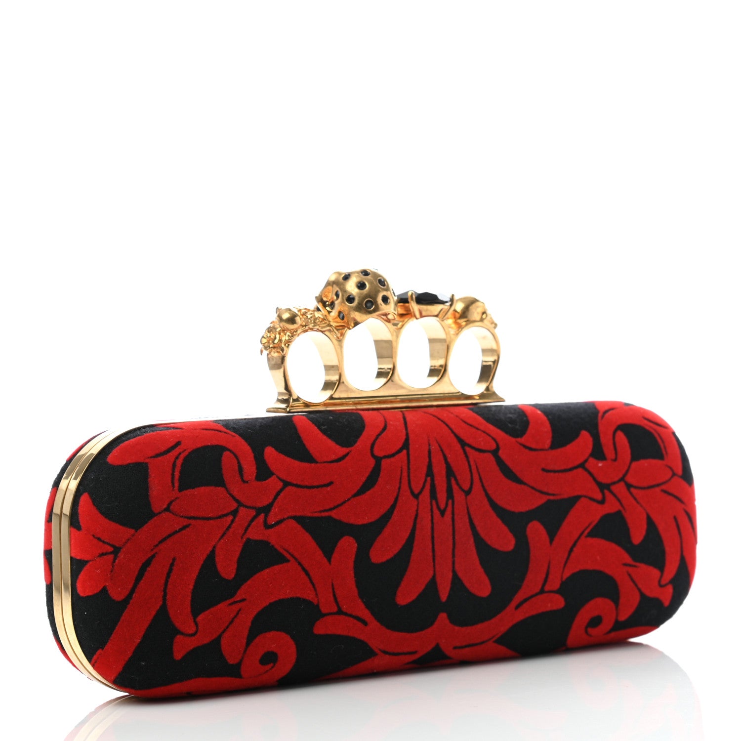 Alexander McQueen Velvet Arabesque Skull Knuckle Box Clutch Red Black 3 of 8