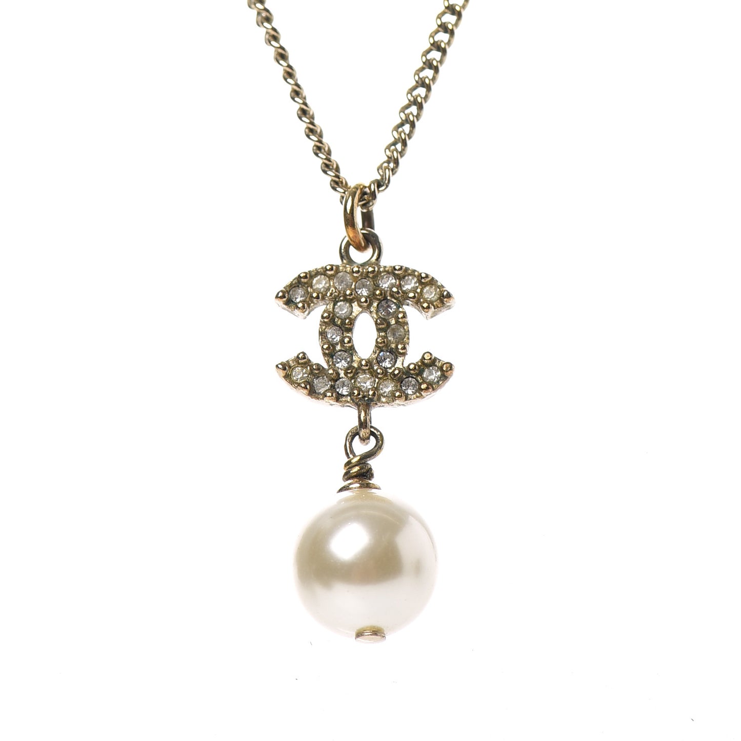 Crystal CC Pearl Drop Necklace Gold