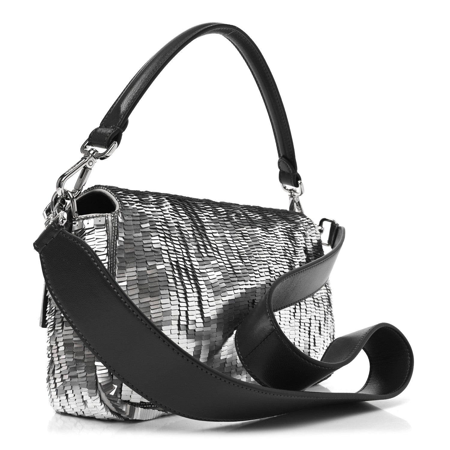 Fendi Sequin Paillettes Capretto Lucido Baguette Argento Moro 3 of 10