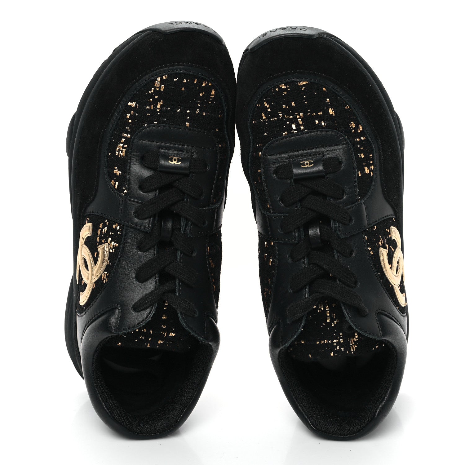 Chanel Suede Tweed CC Sneakers 38 Black Gold 2 of 10