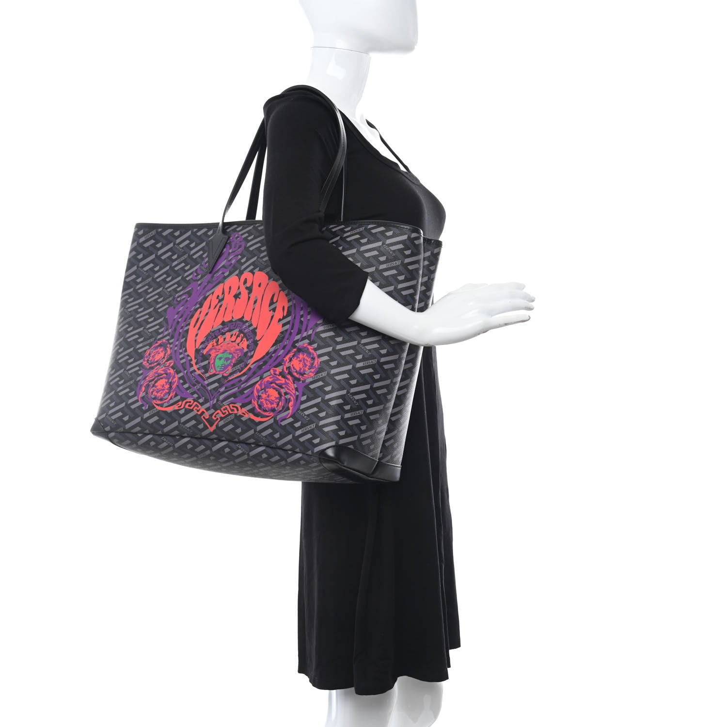 Versace Coated Canvas Calfskin La Greca Medusa Music Signature Shopper Tote Bag Black Grey 3 of 11