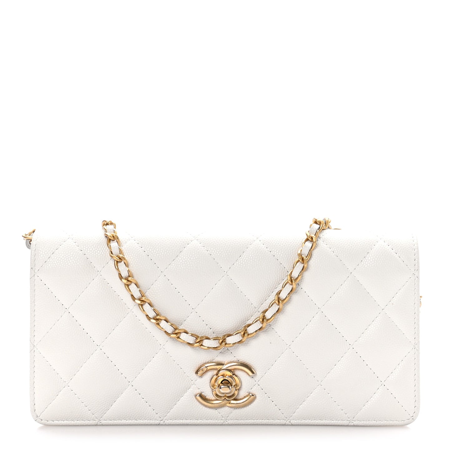Caviar Quilted Camellia Clutch With Chain White