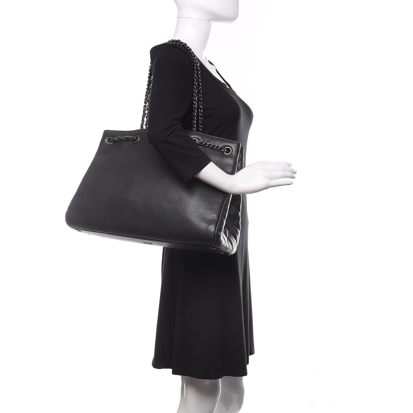 Metallic Grained Calfskin Woven Chain Large Shopping Bag Black
