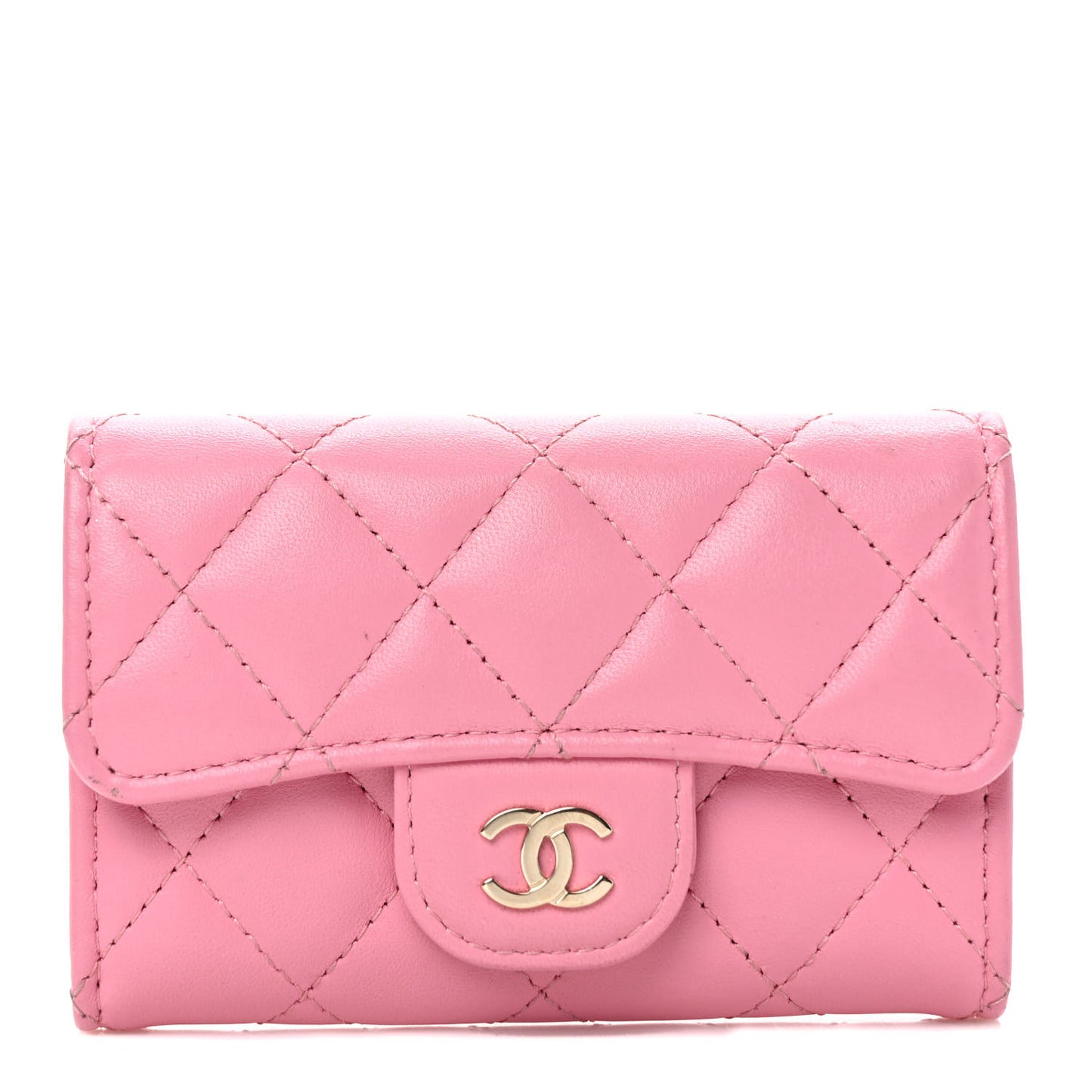 Lambskin Quilted Flap Card Holder Wallet Pink