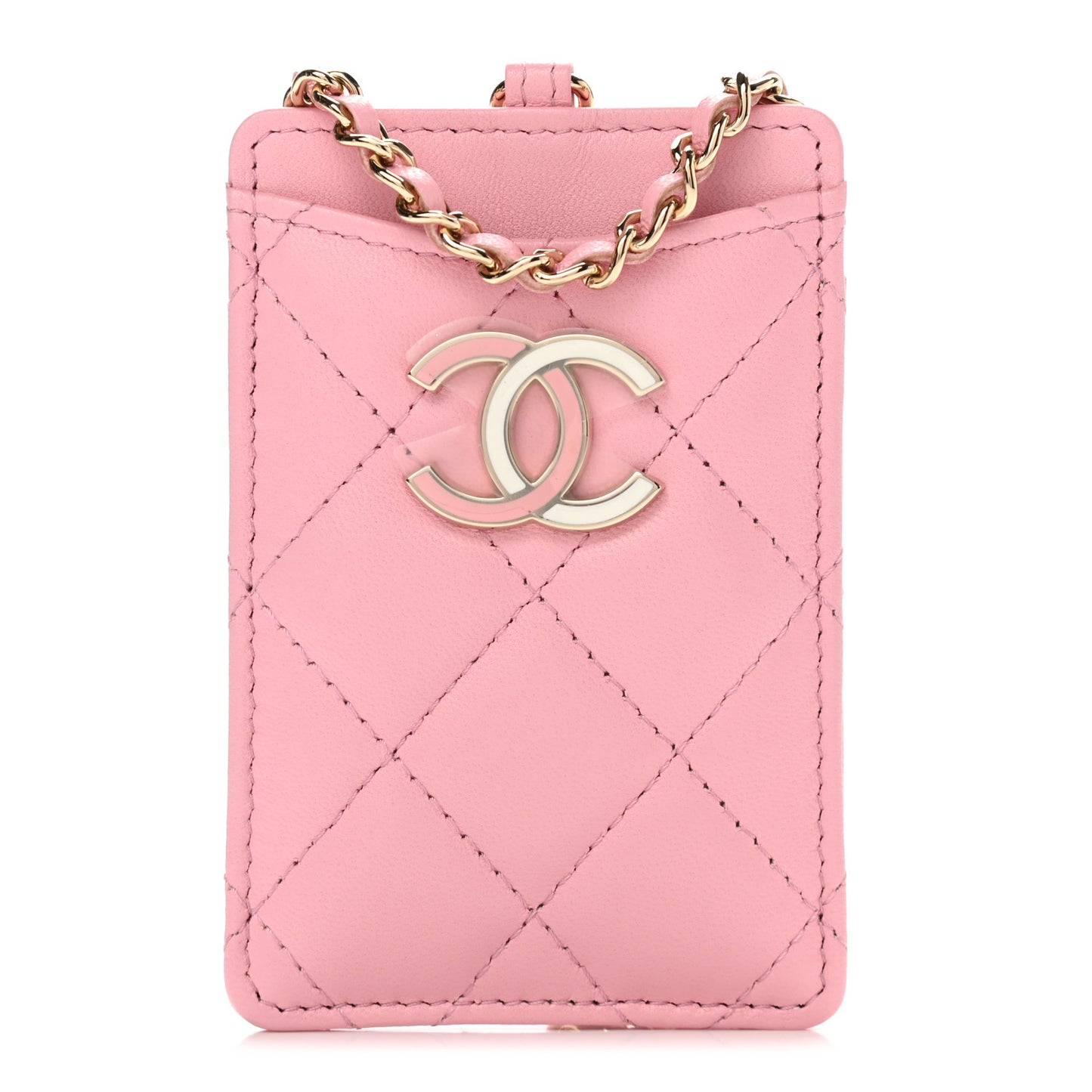 Lambskin Quilted Chanel Card Holder On Chain Pink