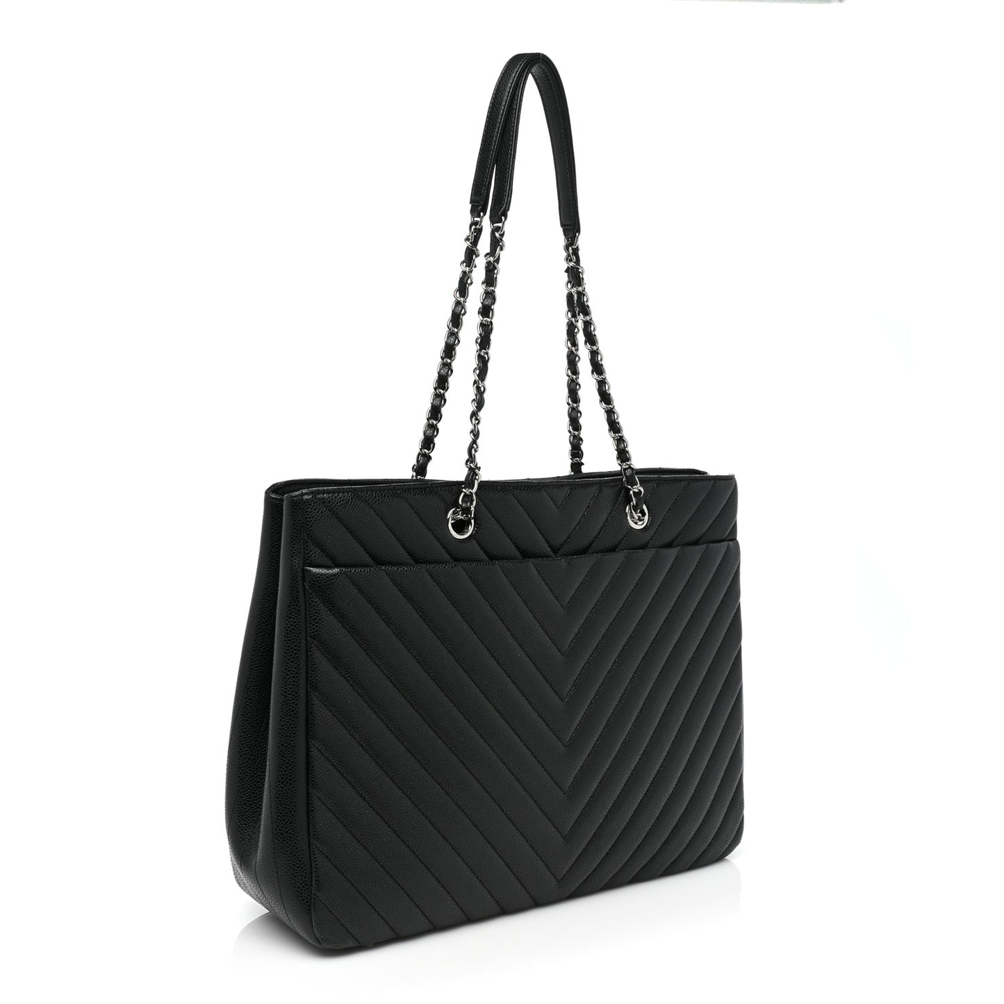 Caviar Chevron Quilted Large Shopping Tote Black