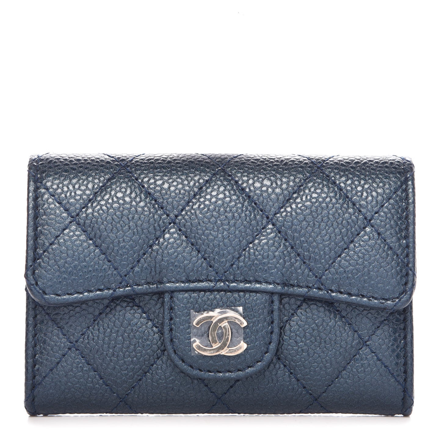 Metallic Caviar Quilted Flap Card Holder Dark Blue