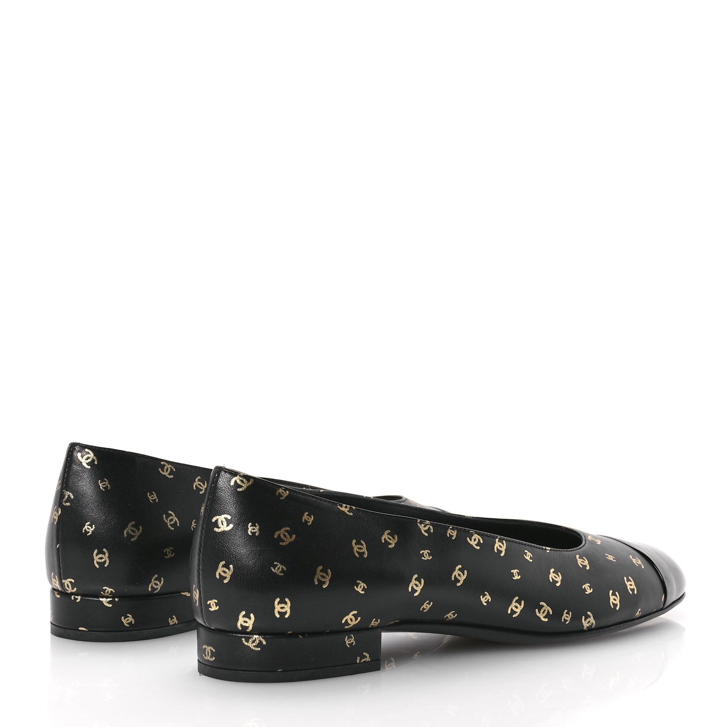 Lambskin Patent Calfskin Printed CC Cap Toe Ballerina Flats 37.5 Black Gold