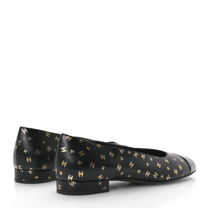 Chanel Lambskin Patent Calfskin Printed CC Cap Toe Ballerina Flats 37.5 Black Gold 5 of 9