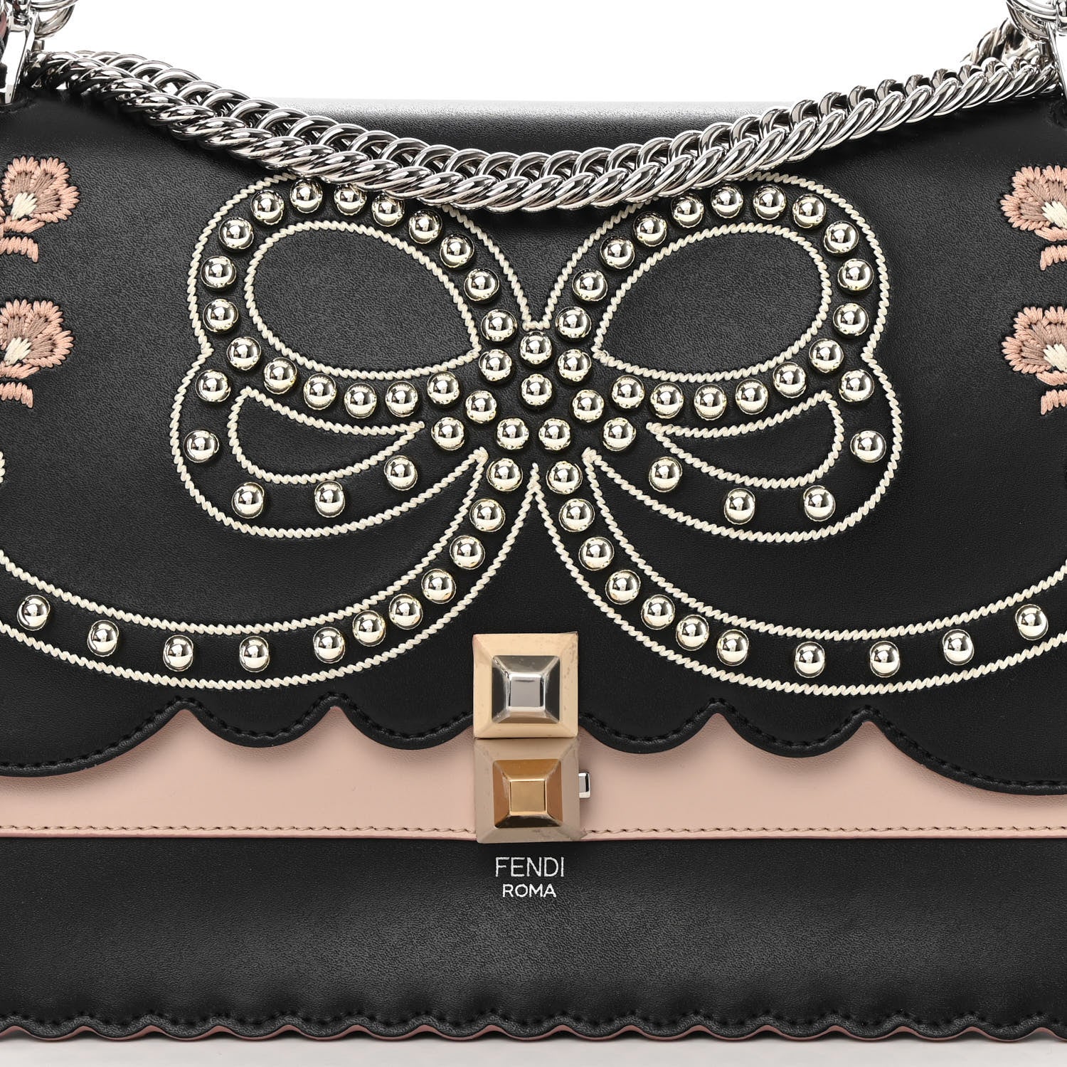 Fendi Vitello Liberty Pearl Bi-Color Flowers and Bow Scalloped Studded Kan I Shoulder Bag Black Soap 8 of 12
