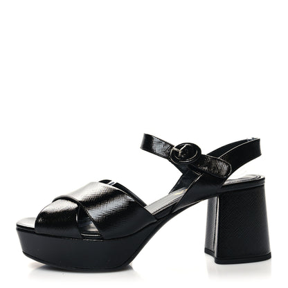 Prada Vernice Saffiano Embossed Crisscross Platform 20/65mm Sandals 37 Black 1 of 8