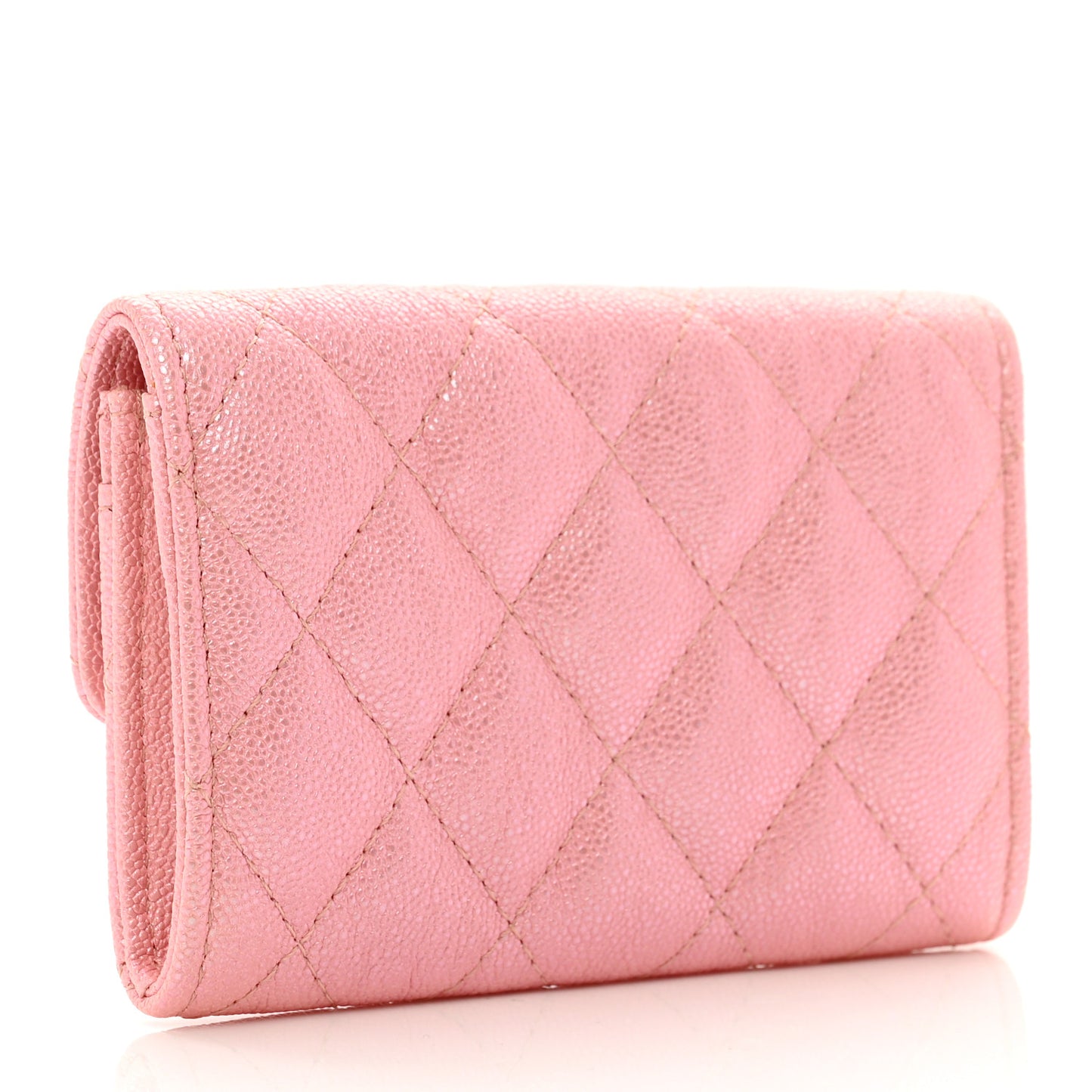 Iridescent Caviar Quilted Flap Card Holder Rose Pink