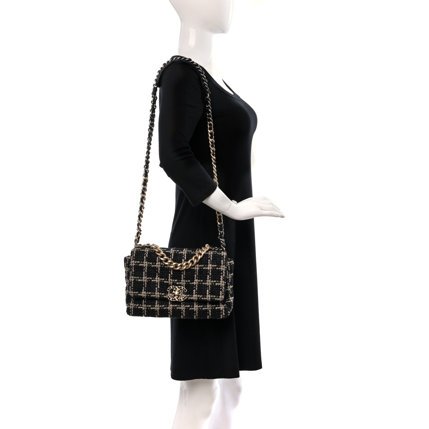 Chanel Tweed Quilted Medium Chanel 19 Flap Black Beige 2 of 9