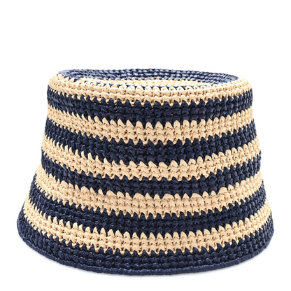 Prada Raffia Striped Logo Embroidered Womens Bucket Hat M Naturale Baltico 5 of 8