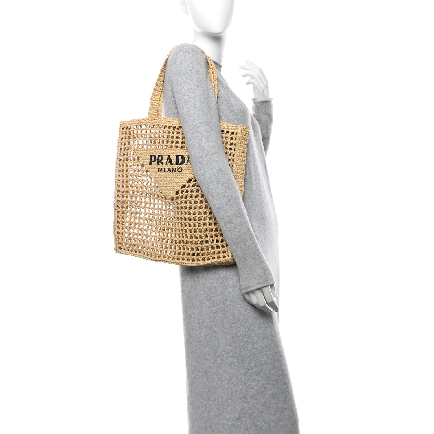 Prada Yarn Raffia Effect Crochet Logo Embroidered Tote Bag Naturale 2 of 9