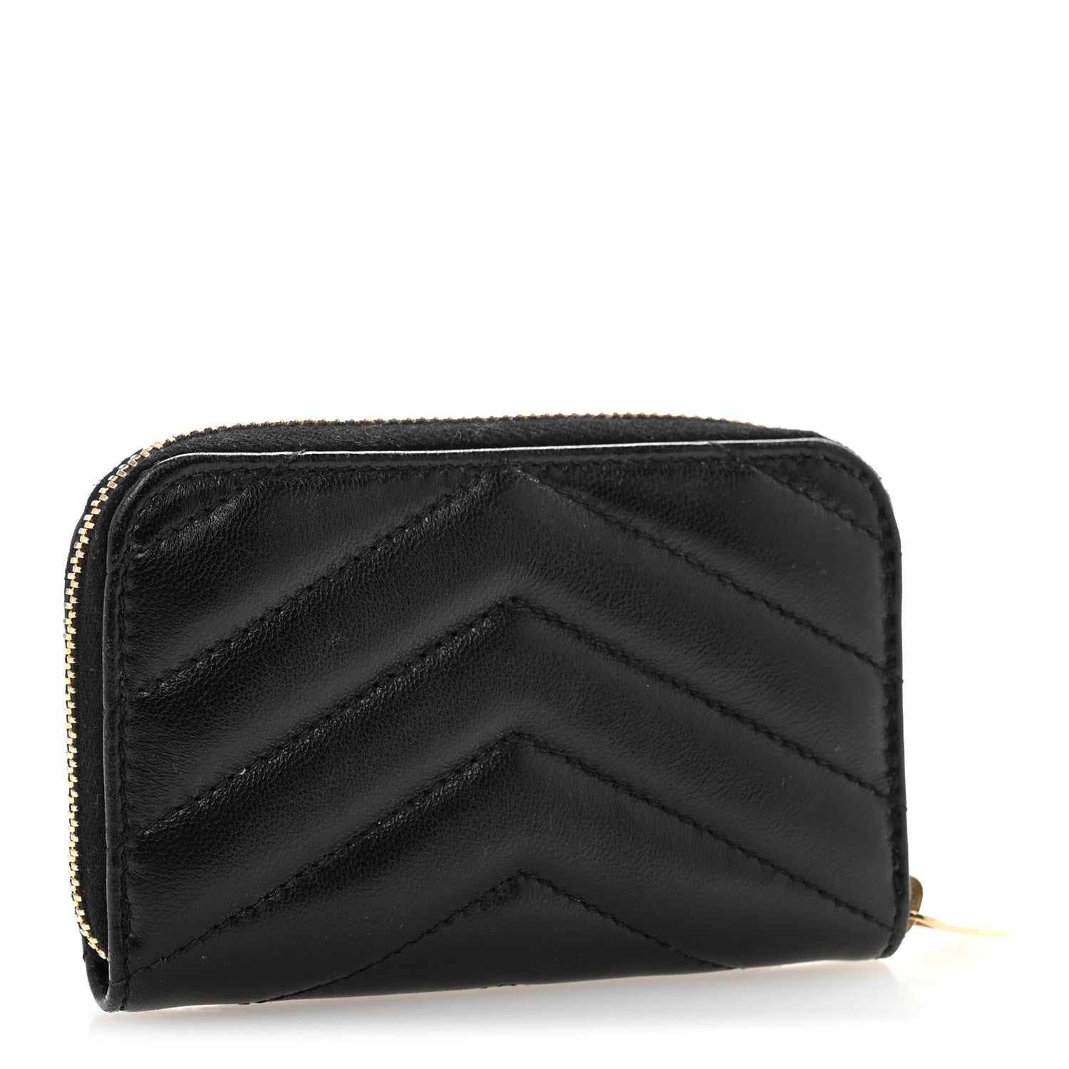 Saint Laurent Lambskin Matelasse Chevron Monogram Cassandre Compact Zip Around Card Wallet Black 3 of 9