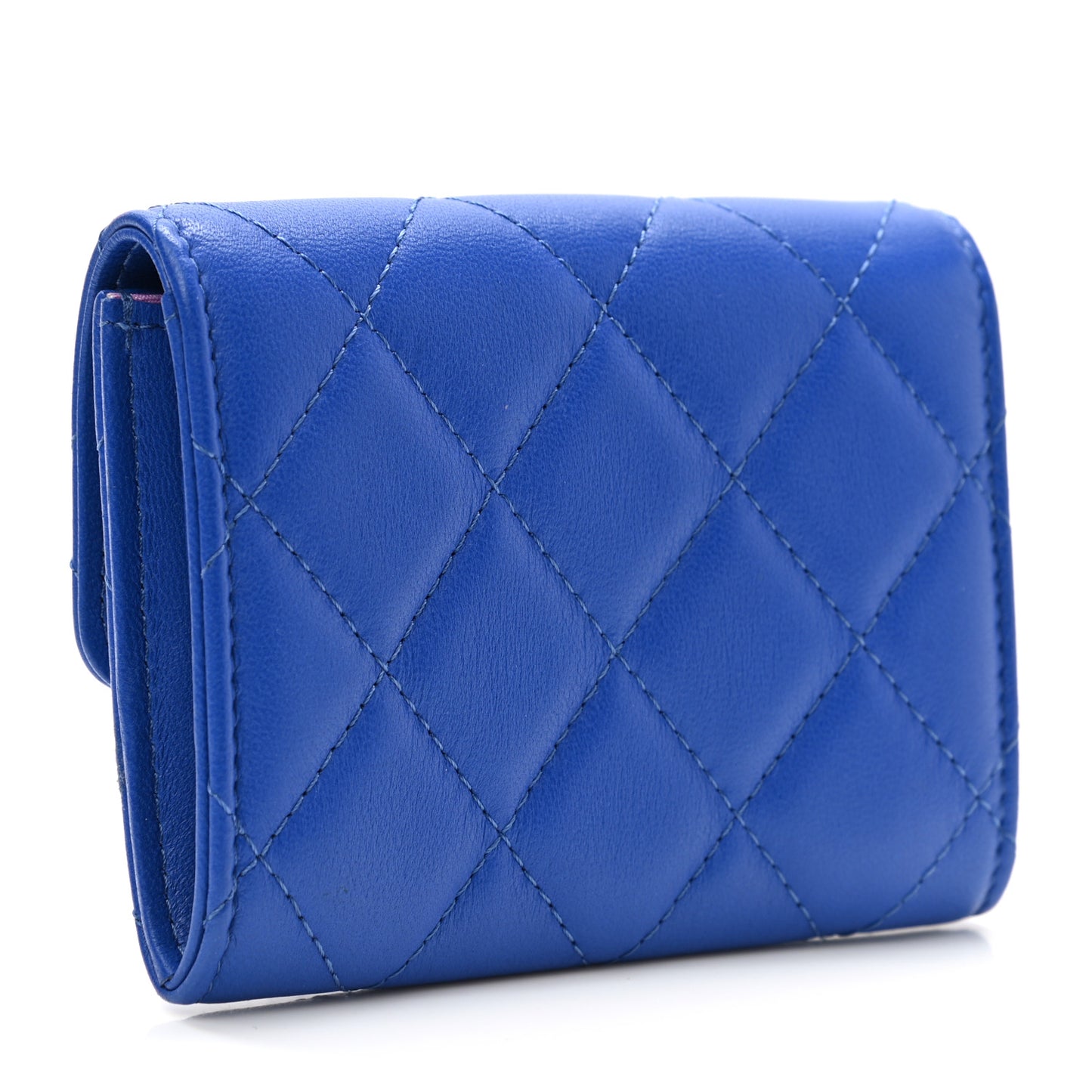 Lambskin Quilted Flap Card Holder Blue