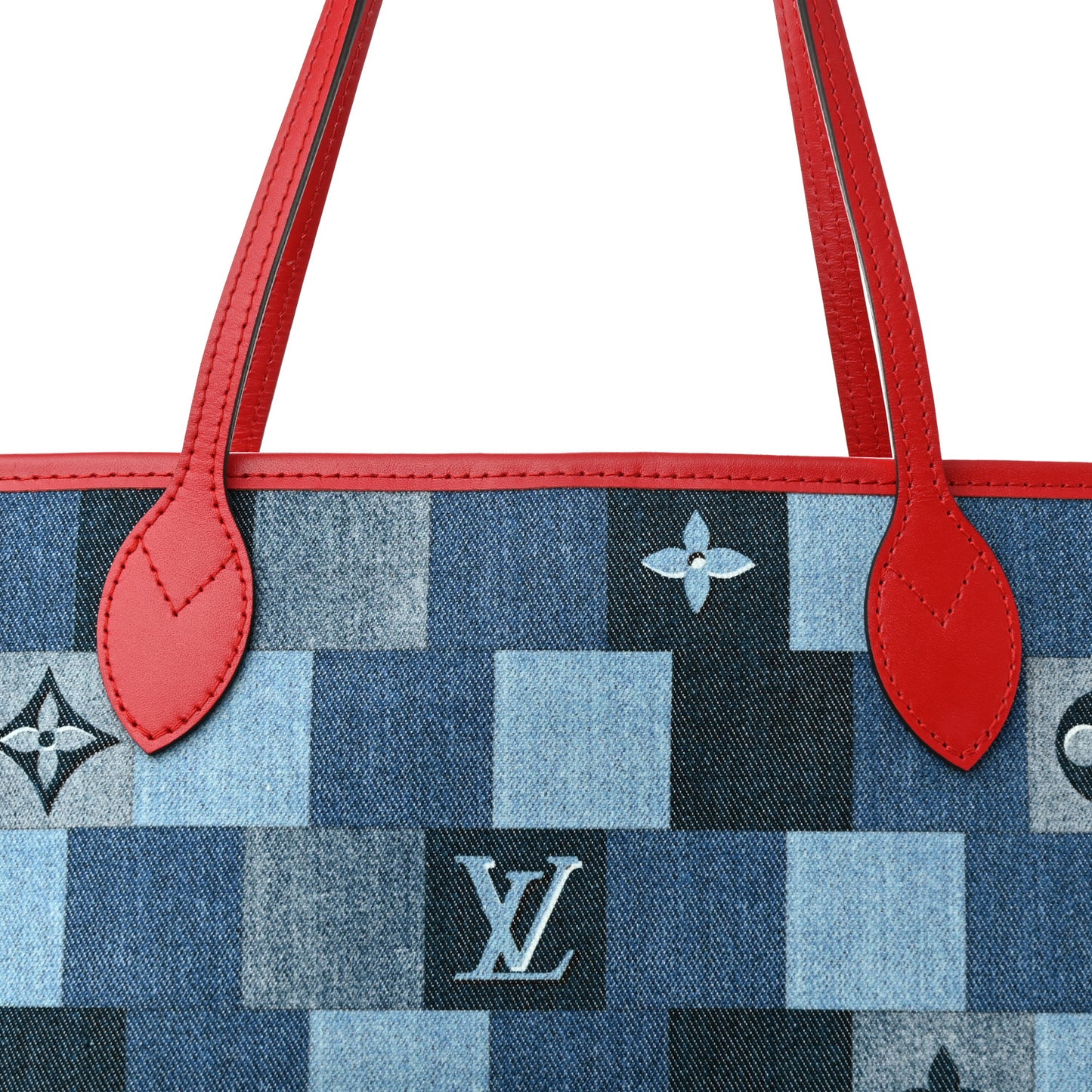Denim Damier Monogram Patchwork Neverfull Blue Rouge