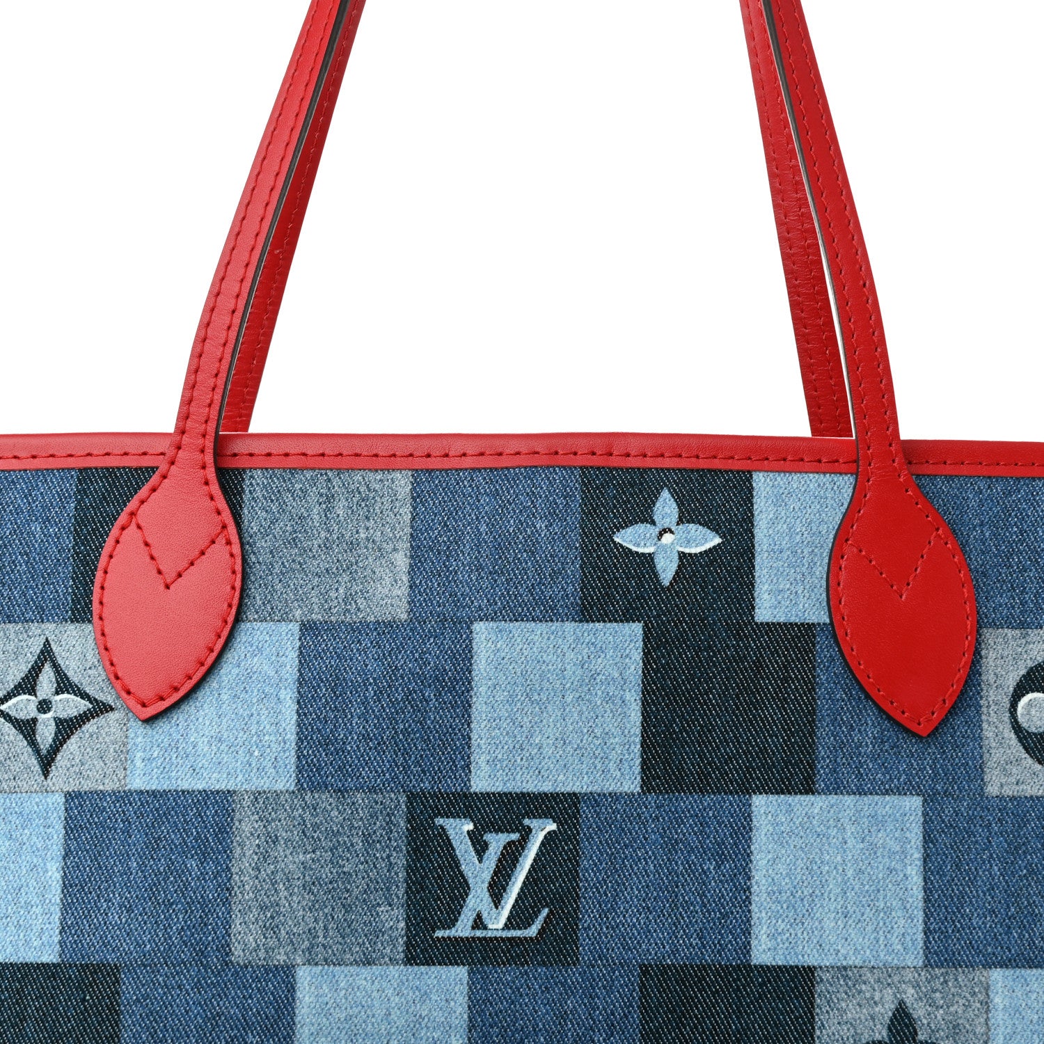 Louis Vuitton Denim Damier Monogram Patchwork Neverfull Blue Rouge 8 of 10