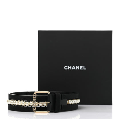 Chanel Calfskin Grosgrain Pearl Logo Belt 70 28 Black 6 of 6