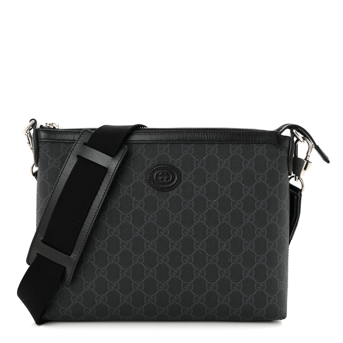 GG Supreme Monogram Azalea Calfskin Retro Interlocking G Wristlet Messenger Bag Black