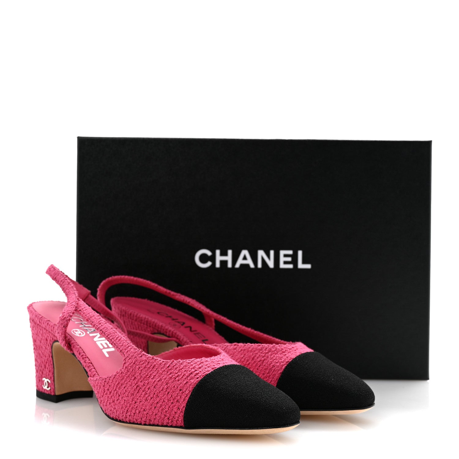 Chanel Tweed Grosgrain Cap Toe CC Slingback Pumps 37 Pink Black 12 of 12