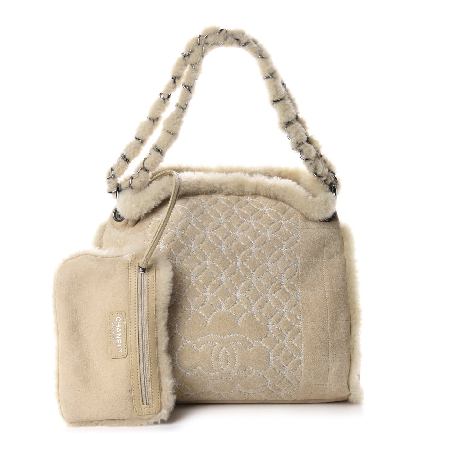 Shearling Suede Stitched CC Tote Light Beige