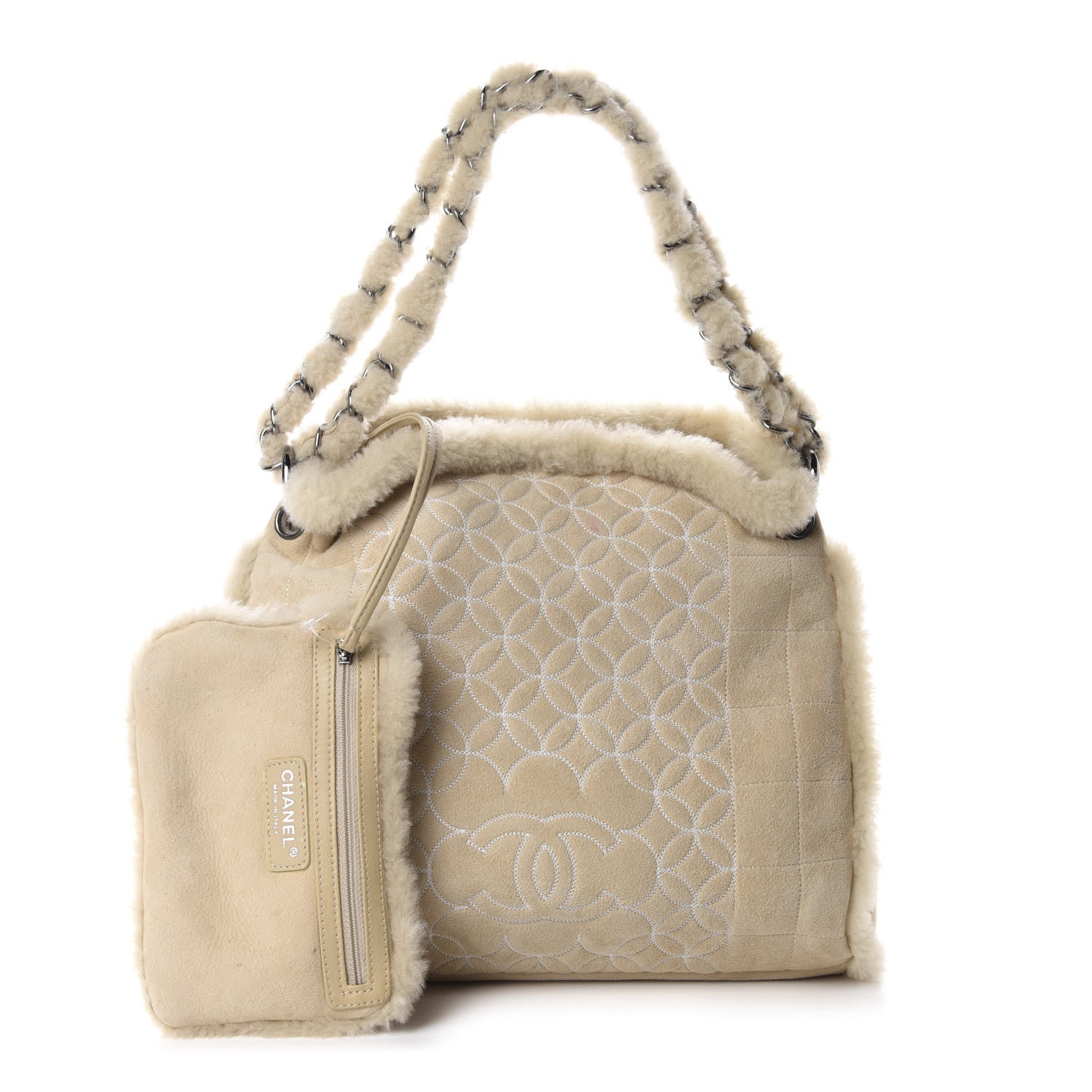 Chanel Shearling Suede Stitched CC Tote Light Beige 1 of 17