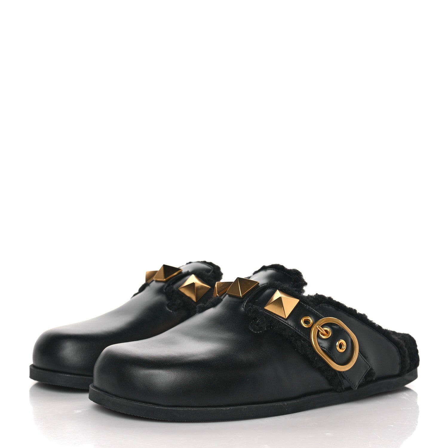 Valentino Garavani Calfskin Shearling Roman Stud River Slippers 36 Black 3 of 7