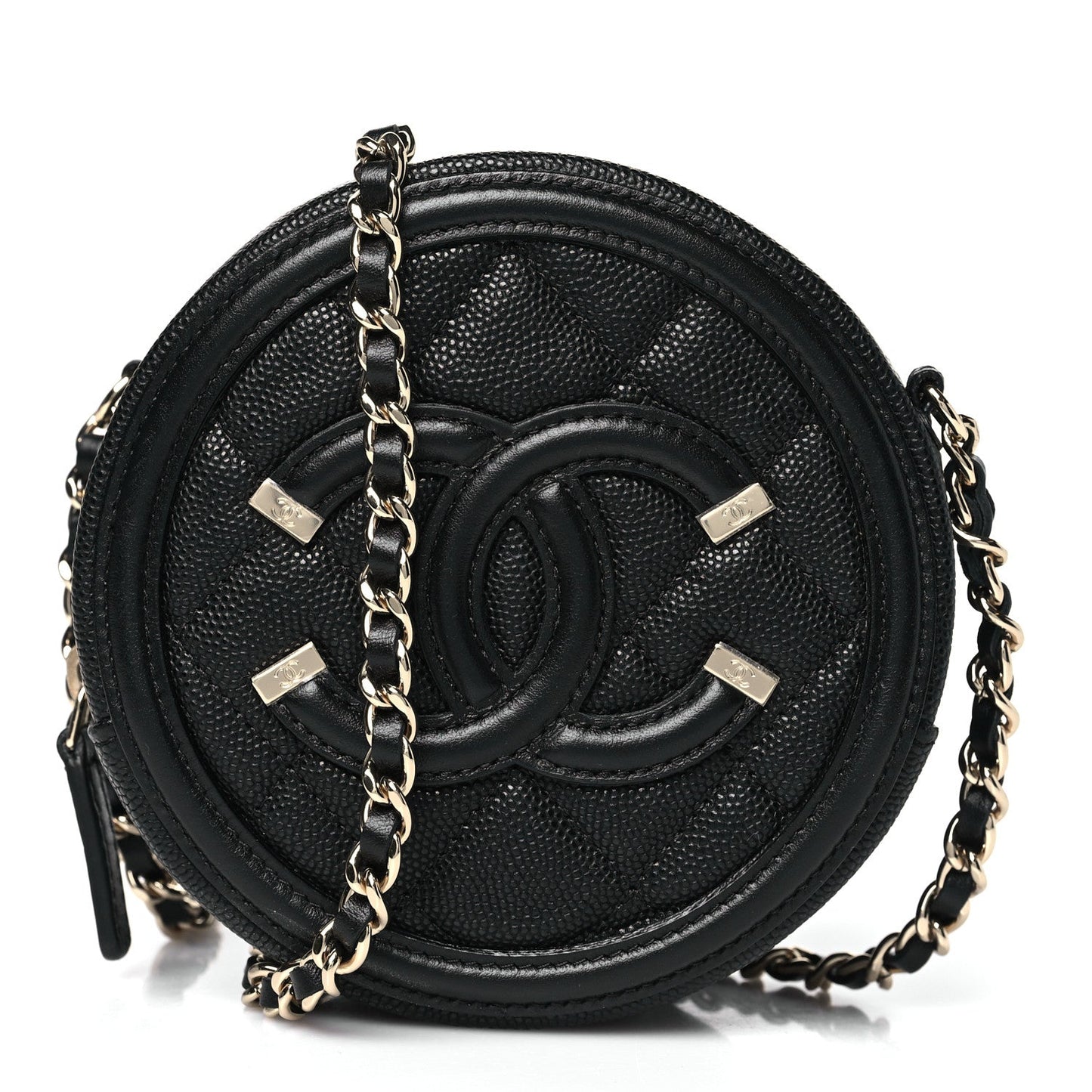 Caviar Quilted Round Filigree Crossbody Black