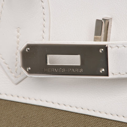 Hermes Swift Toile Birkin 35 Blanc Vert Miliatire 8 of 27