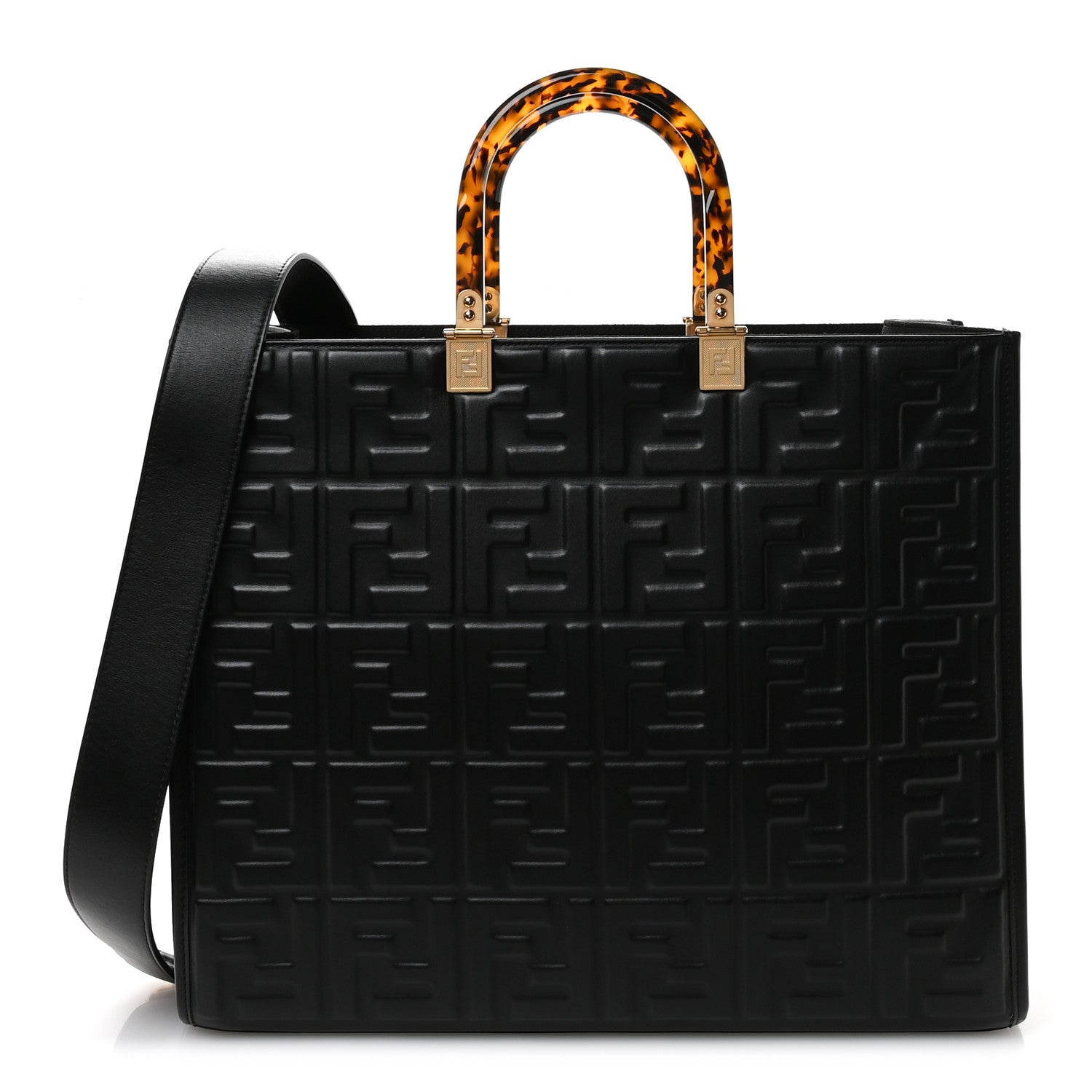 Fendi Vitello Plexiglass FF Embossed Medium Fendi Sunshine Shopper Tote Black 1 of 9