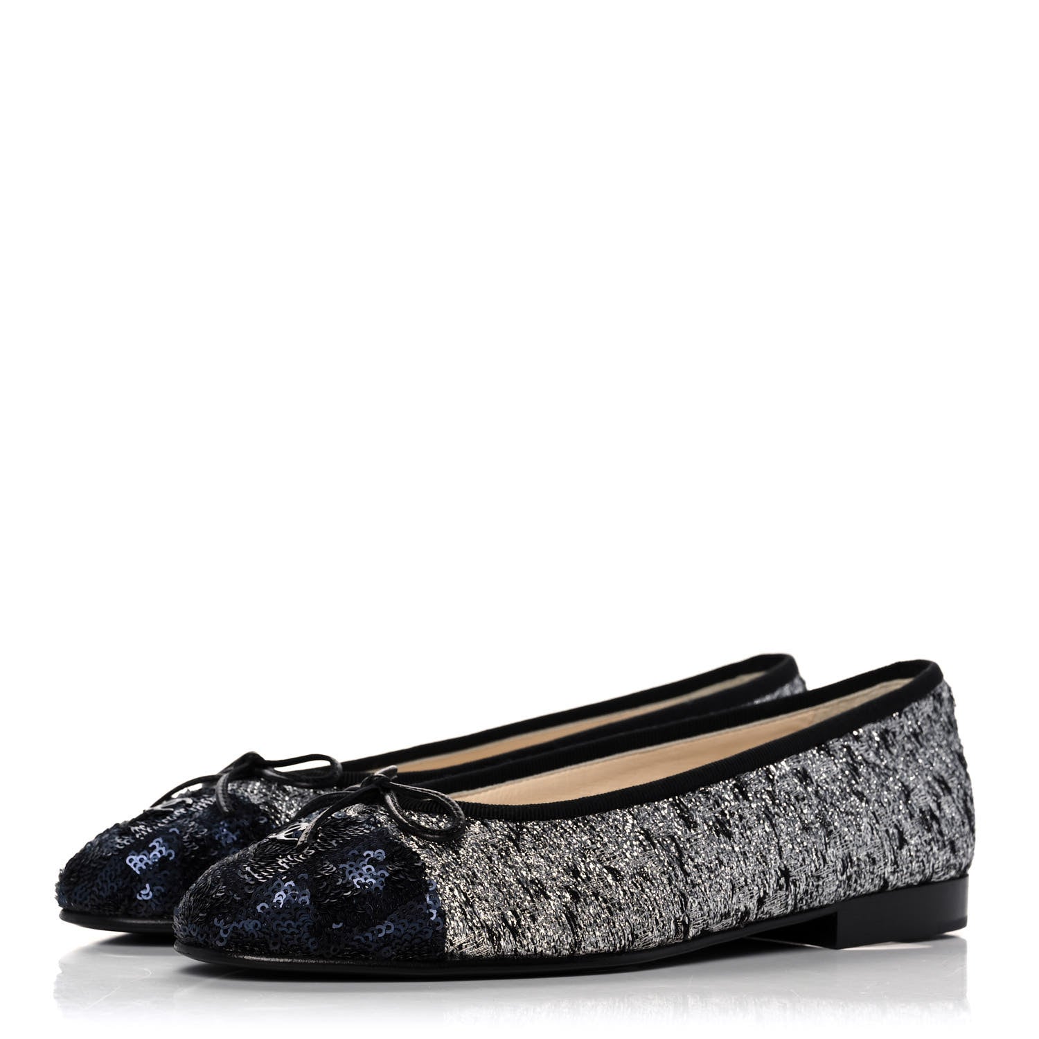 Chanel Tweed Sequin Cap Toe Ballerina Flats 37 Black Blue 3 of 11