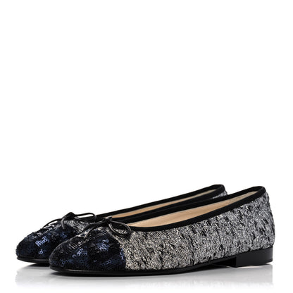 Chanel Tweed Sequin Cap Toe Ballerina Flats 37 Black Blue 3 of 11