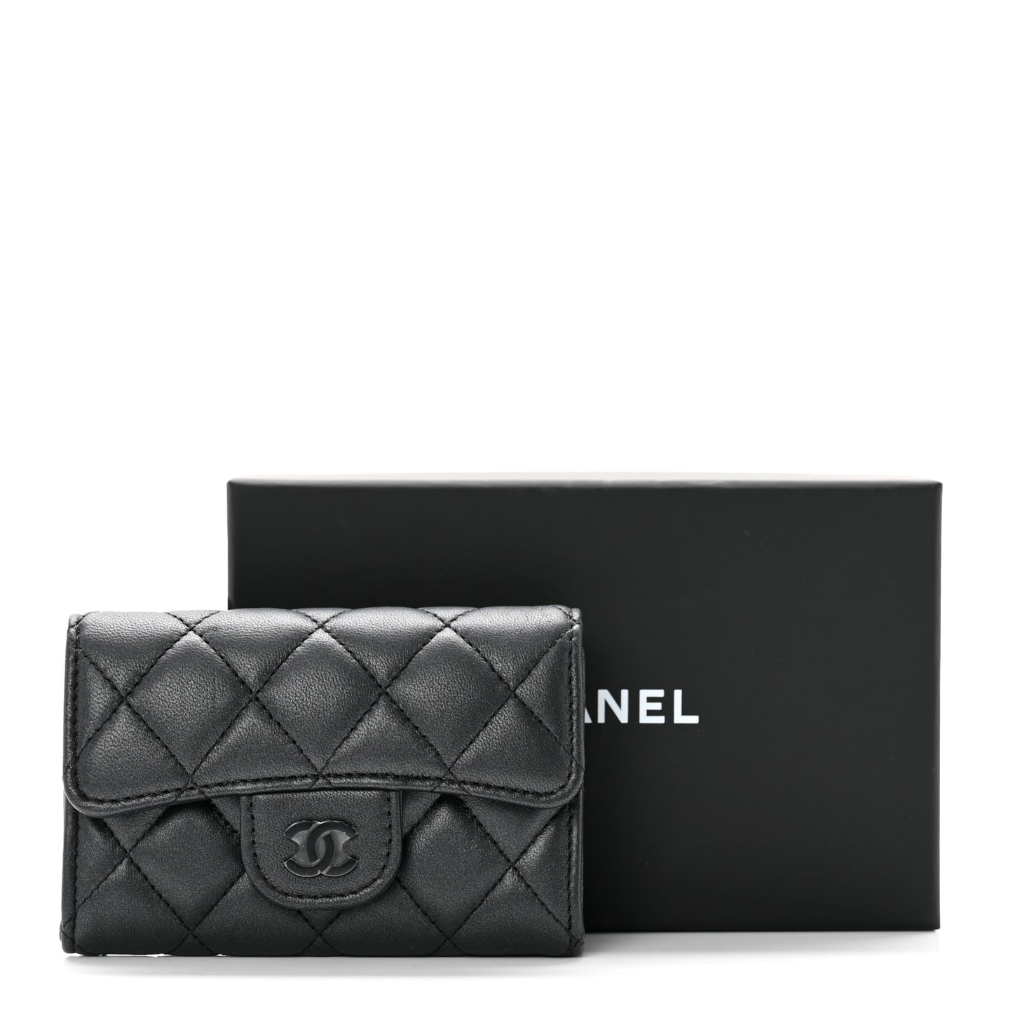 Pearly Lambskin Quilted Flap Card Holder Wallet So Black