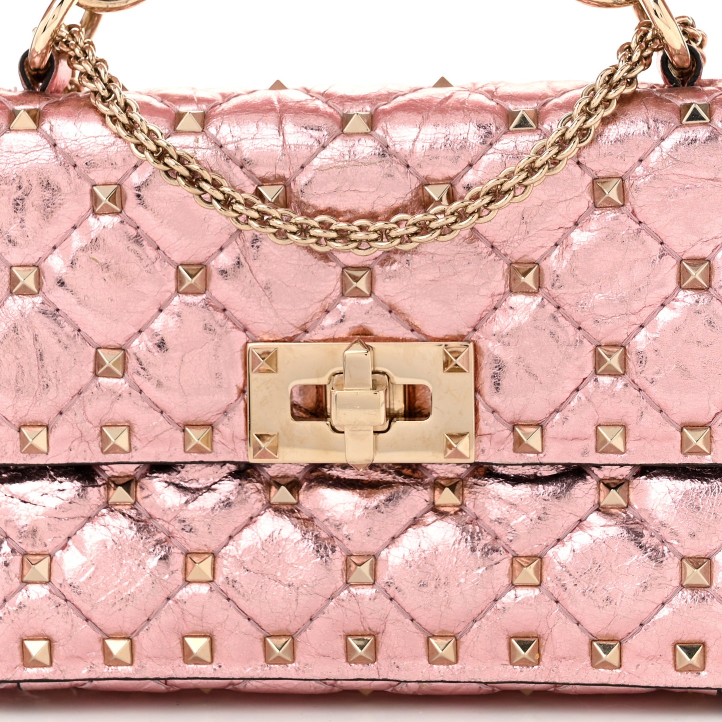 Metallic Wrinkled Lambskin Small Rockstud Spike Shoulder Bag Lipstick
