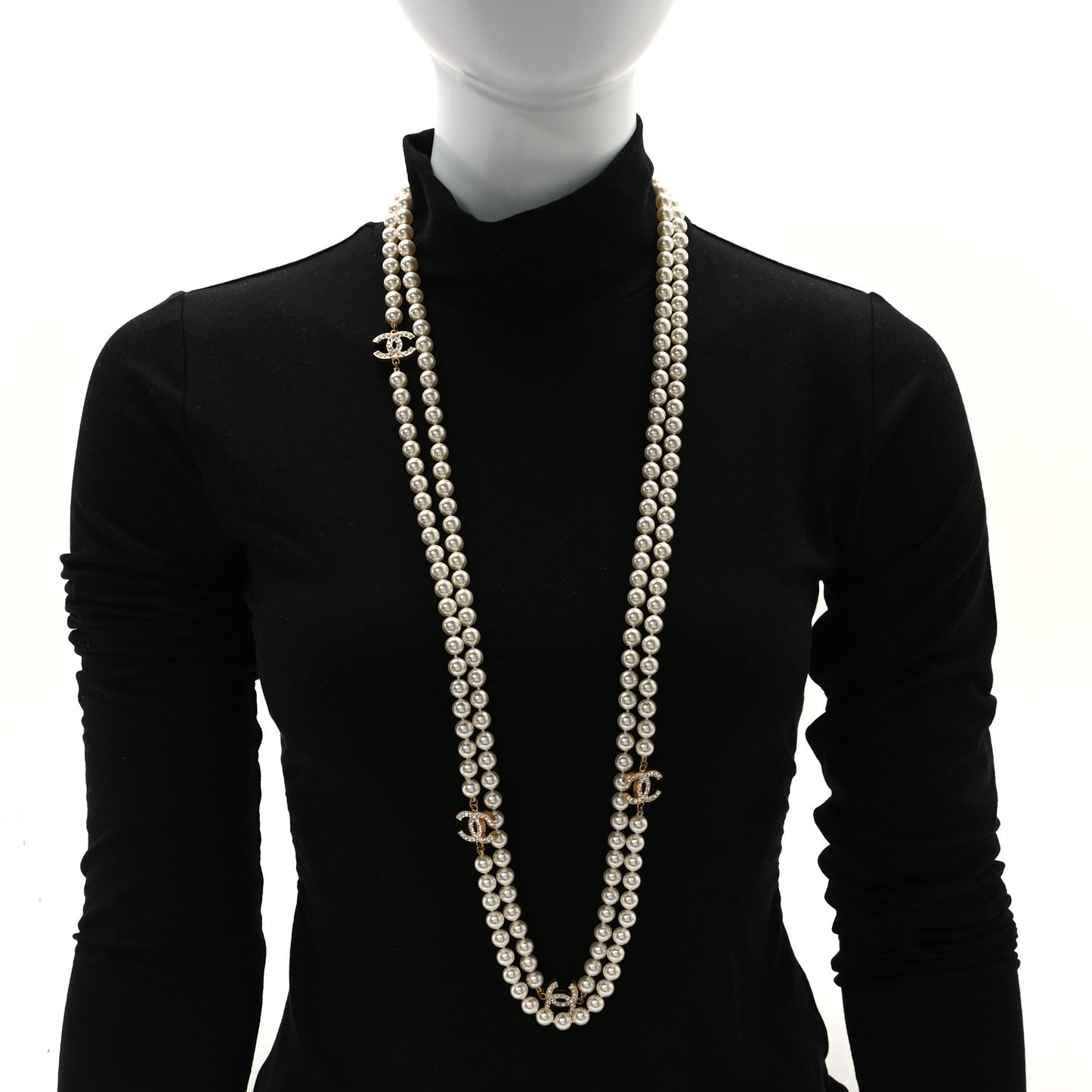 Crystal Pearl CC Long Necklace Gold