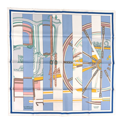 Hermes Silk La Berline Bayadere Scarf 90 White Bleu Ciel Vieux Rose 1 of 4