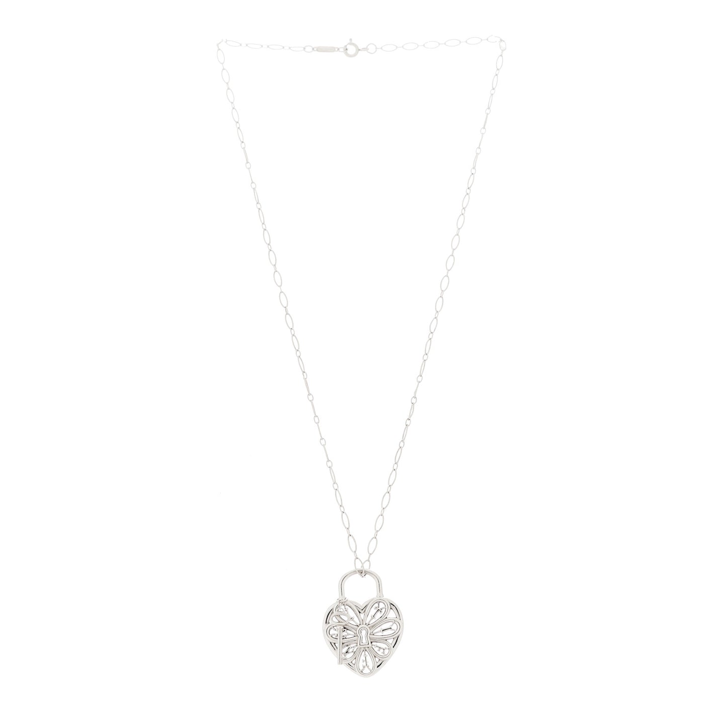 Sterling Silver Large Filigree Heart Lock Key Pendant Necklace