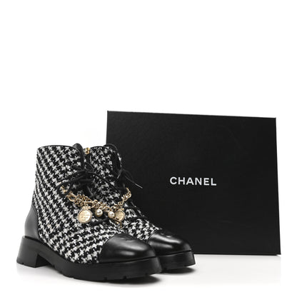 Chanel Wool Tweed Calfskin Chain Lace Up Combat Boots 40 Black White 11 of 11